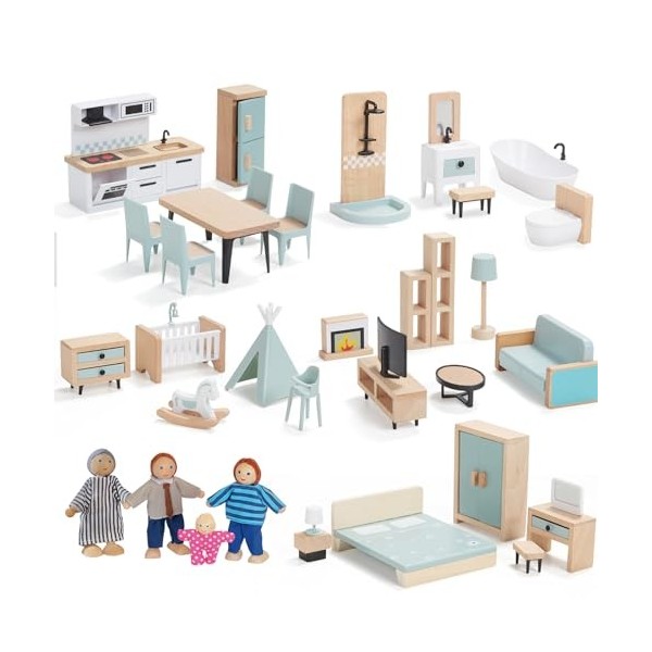 Kit de Meubles de Maison de Poupée en Bois, 36 Meubles avec 4 Poupées Familiales, Accessoires de Maison de Poupée, Jeux de Si