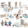 Kit de Meubles de Maison de Poupée en Bois, 36 Meubles avec 4 Poupées Familiales, Accessoires de Maison de Poupée, Jeux de Si