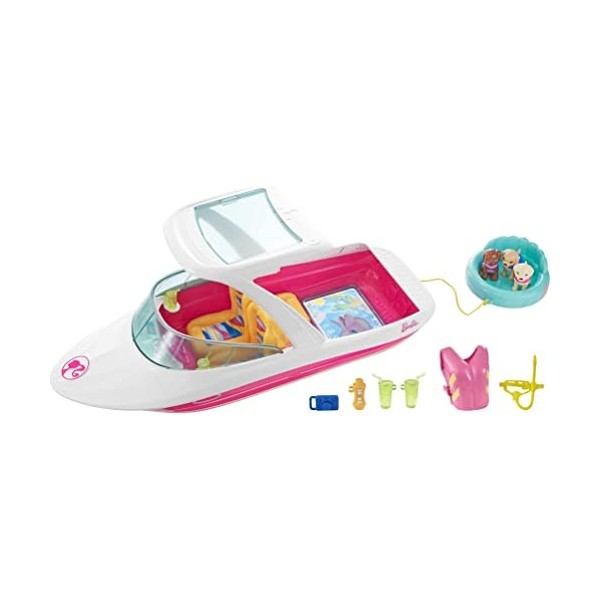 Barbie La Magie des Dauphins Hors-Bord rose et blanc, bateau pour poupées, figurines de chiots et accessoires, jouet pour enf