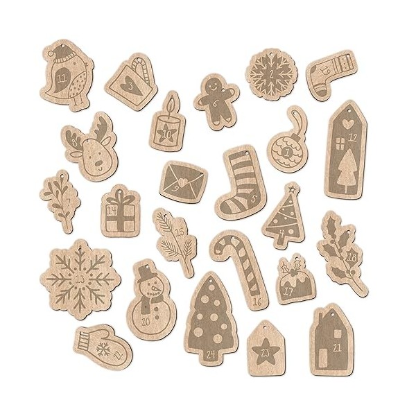 Papierdrachen Lot de 24 chiffres en bois avec cordon en coton - Motifs de Noël - Décoration élégante pour votre calendrier de