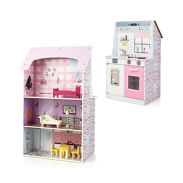 DREAMADE Cuisine et Maison de Poupée 2 en 1, Maison de Jeu Ouverte Double Face pour Enfants avec de Nombreux Accessoires de C