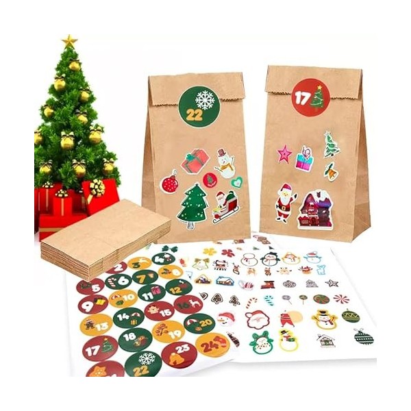 Calendrier de lAvent à remplir soi même - 24 grands sacs avec autocollants de numéros, étiquettes et cordon pour Noël 2021