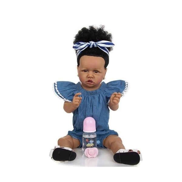 22 inch Black Reborn Baby Doll Poupées Enfant Reborn Poupée en Vinyle Souple, en Silicone, Imperméable À leau, pour Nouveau-