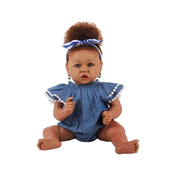 Poupée Bébé Fille en Silicone Complet, 22 Pouces, 58Cm, Peau Foncée, Poupée Reborn, Jupe Bleue, Jouet DEntraînement pour Enf