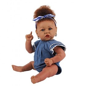Poupée Bébé Fille en Silicone Complet, 22 Pouces, 58Cm, Peau Foncée, Poupée Reborn, Jupe Bleue, Jouet DEntraînement pour Enf