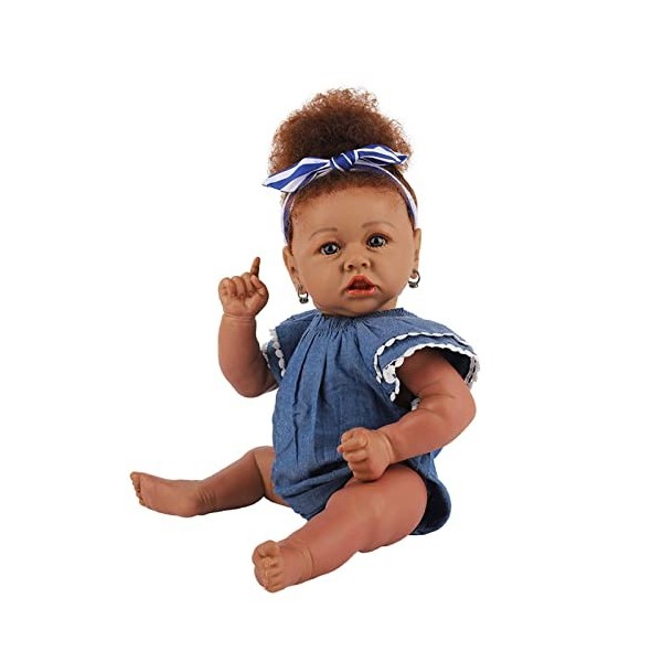 Poupée Bébé Fille en Silicone Complet, 22 Pouces, 58Cm, Peau Foncée, Poupée Reborn, Jupe Bleue, Jouet DEntraînement pour Enf