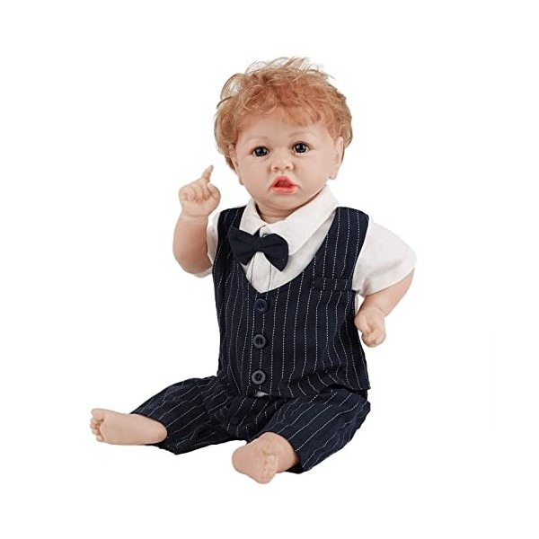 Poupée Reborn Cool Boy avec Gilet Et Costume 22 Pouces 58 Cm Réaliste Bébé Fait À La Main en Silicone Souple Vinyle Poupées N