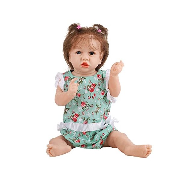 Poupées Reborn Réalistes Fille avec Costume Floral Vert 22 Pouces Nouveau-Né Bébé Enfant en Bas Âge Poupée Vraie Vie en Vinyl