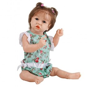 Poupées Reborn Réalistes Fille avec Costume Floral Vert 22 Pouces Nouveau-Né Bébé Enfant en Bas Âge Poupée Vraie Vie en Vinyl