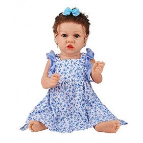 Réaliste 58Cm 22 Pouces Reborn Bébé Poupée Fille avec Jupe Florale Bleue À La Main en Silicone Souple Vinyle Réaliste Bambin 