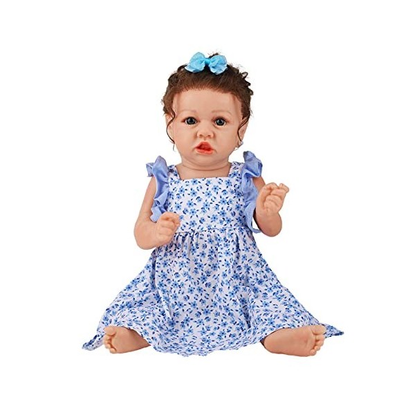 Réaliste 58Cm 22 Pouces Reborn Bébé Poupée Fille avec Jupe Florale Bleue À La Main en Silicone Souple Vinyle Réaliste Bambin 