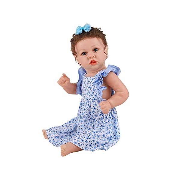 Réaliste 58Cm 22 Pouces Reborn Bébé Poupée Fille avec Jupe Florale Bleue À La Main en Silicone Souple Vinyle Réaliste Bambin 
