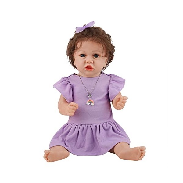 Poupée Bébé Fille Reborn avec Jupe Violette Et Nœud, 22 Pouces, 58Cm, Fait À La Main, en Vinyle De Silicone Souple, Aspect Ré