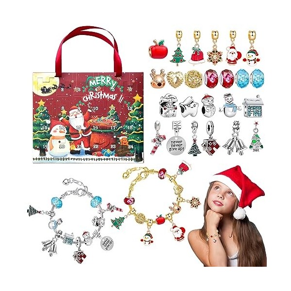 LIAMERHE Calendrier de lAvent 2023 Filles Enfant Calendrier de Noël Bracelet Bijoux Fille 4-12 Ans Charms Bracelet Kit Fabri