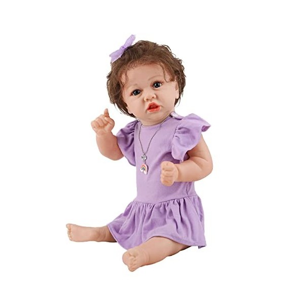 Poupée Bébé Fille Reborn avec Jupe Violette Et Nœud, 22 Pouces, 58Cm, Fait À La Main, en Vinyle De Silicone Souple, Aspect Ré