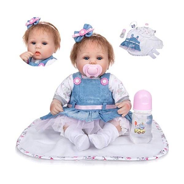 Poupée Bébé Reborn Réaliste, Yeux Bleus, 42Cm, Faite À La Main, avec Jupe en Denim, en Tissus, Poupée Réaliste pour Fille, An