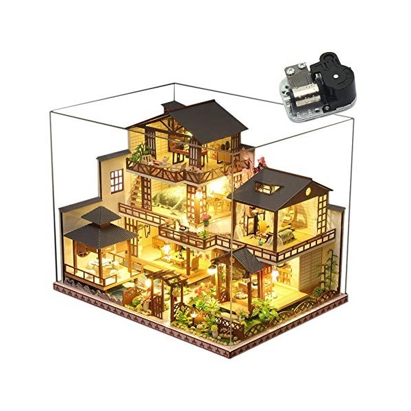 WonDerfulC Maison de poupée en bois style japonais Grande Villa Kit de construction de jardin Sakura Modèle DIY Art Maison Ca