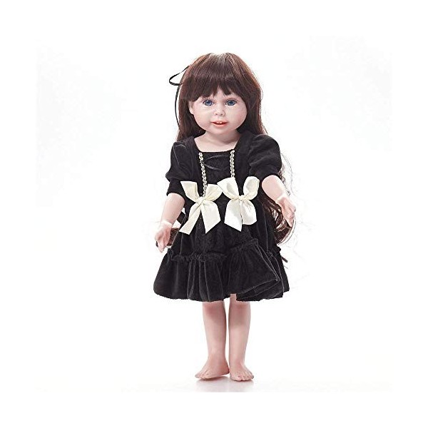 Poupées Bébé Reborn,Poupées Bébé Reborn Silicone Vinyle Cheveux Longs Réaliste Belle Simulation Robe Noire Yeux Ouverts Fille