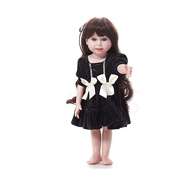 Poupées Bébé Reborn,Poupées Bébé Reborn Silicone Vinyle Cheveux Longs Réaliste Belle Simulation Robe Noire Yeux Ouverts Fille