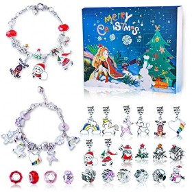 Calendrier de Lavent Bijoux Noel Fille - Calendrier de Lavent Bracelet Argent pour Enfant 5-12 Ans - Licorne DIY Charm Brac