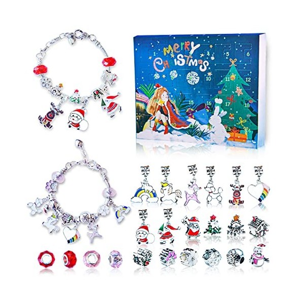 Calendrier De L'avent Bijoux 2025 DIY Pour Fille - Kit Bracelet Avec 24 Charms (Rose/Violet) | Cadeau De Noël Créatif