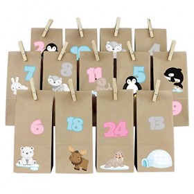 Yabaduu Calendrier de lAvent à faire soi-même avec des sacs en papier à coller - Numéros 1-24 - Autocollants pour Noël - Kit