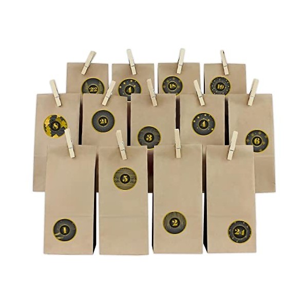 Yabaduu Y067 Calendrier de lAvent avec sacs en papier à coller - Numéros de 1 à 24 autocollants - Pour Noël - Kit de bricola