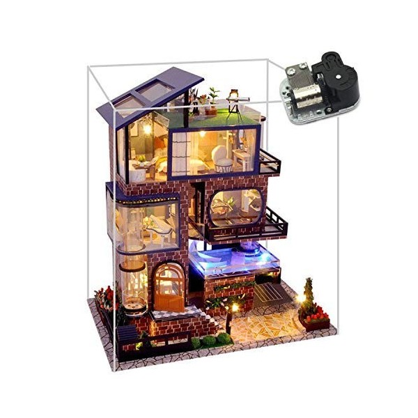 Miniature De Maison De Poupée Bricolage avec Meubles Kit De Modèle De Construction De Villa 3D avec Lumières LED Et Mouvement