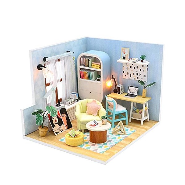 Kit Miniature De Maison De Poupée Bricolage avec Housse Anti-Poussière, Modèle De Construction De Maison De Poupée en Bois av