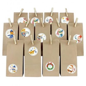 Yabaduu Calendrier de lAvent DIY avec sacs en papier à coller - Numéros 1-24 - Autocollants pour Noël - Kit de bricolage à r