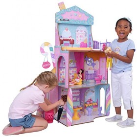 KidKraft Maison de Poupée en Bois Château de Bonbons, Ensemble de Jeu avec Figurine de Lama Licorne et élévateur de cône de G