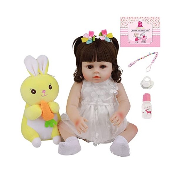 Poupée Bébé Fille Réaliste en Silicone Et Vinyle, Tenue Blanche, Jouet Ours, 18 Pouces, Cadeau pour Enfants