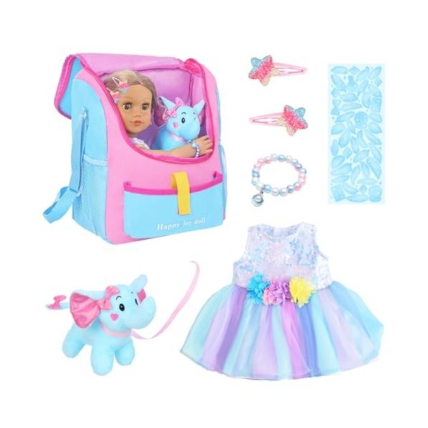 Accessoires de poupée pour fille de 45,7 cm avec sac de transport + robe + 2 épingles à cheveux + autocollant bleu + bracelet