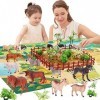 BUYGER 58 Pièces Animaux de la Ferme Jouet pour Enfant, Figurines Animaux avec Tapis de Jeu, Arbres et Clôture, Cadeau Educat