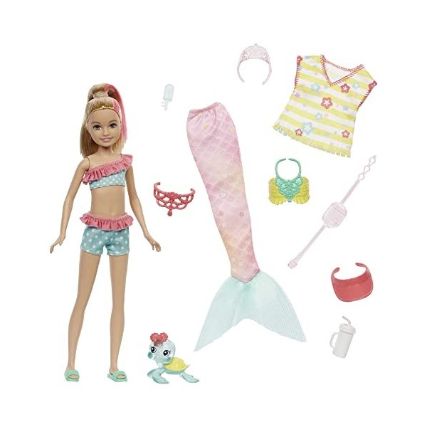 Barbie Poupée Stacie de Barbie Mermaid Power avec 10 Éléments dont une Queue de Sirène, des Vêtements, un Animal et des Acces