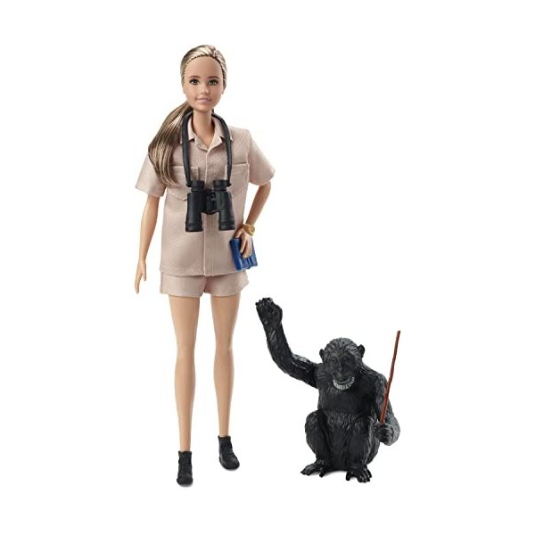 Barbie Poupée Dr. Jane Goodall Série Femmes d’Exception, avec Carnet de Notes, Paire de Jumelles et Tenue de terrain, Fabriqu