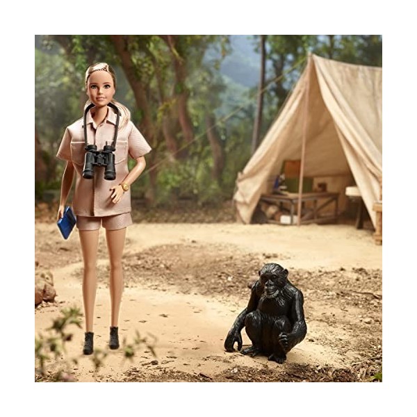 Barbie Poupée Dr. Jane Goodall Série Femmes d’Exception, avec Carnet de Notes, Paire de Jumelles et Tenue de terrain, Fabriqu