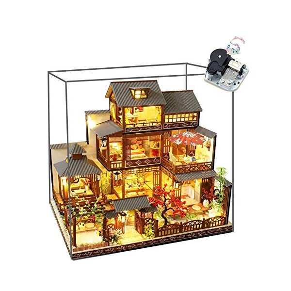 Kit Miniature De Maison De Poupée Musique Bricolage avec Étanche À La Poussière Et Lumières LED Grande Villa Japonaise Maison