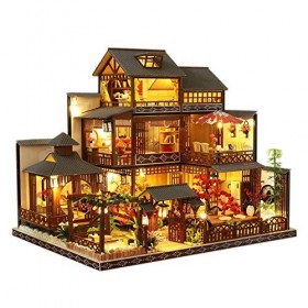 Kit Miniature De Maison De Poupée Musique Bricolage avec Étanche À La Poussière Et Lumières LED Grande Villa Japonaise Maison