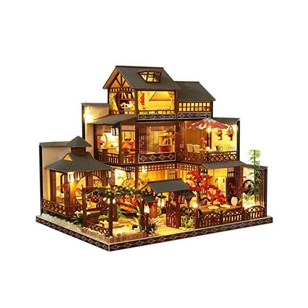 Kit Miniature De Maison De Poupée Musique Bricolage avec Étanche À La Poussière Et Lumières LED Grande Villa Japonaise Maison