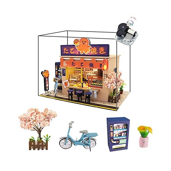 WYD Star Pieuvre brûlante de style japonais Takoyaki Shop Mini maison de poupée avec éclairage LED et cadeau avec housse anti