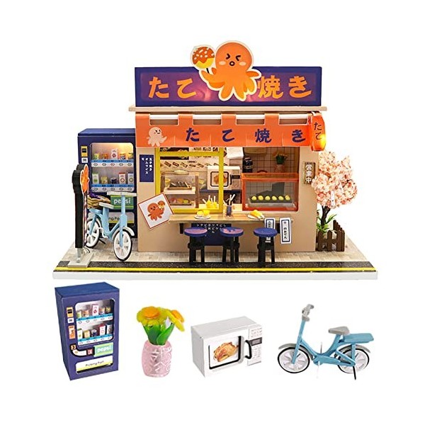 WYD Star Pieuvre brûlante de style japonais Takoyaki Shop Mini maison de poupée avec éclairage LED et cadeau avec housse anti