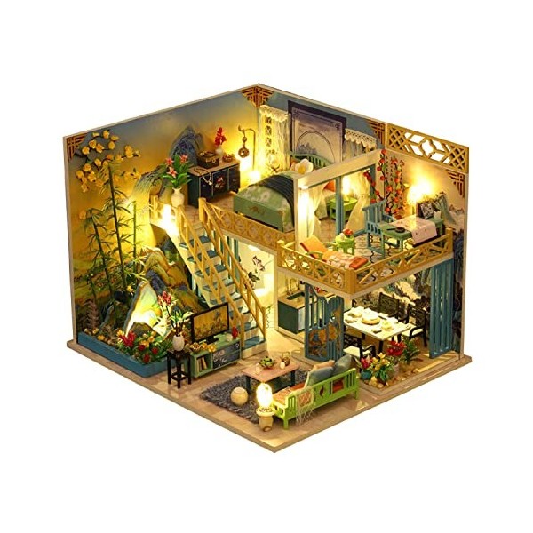 Kisoy Maison de poupée miniature avec kit de meubles, modèle de maison fait à la main pour adolescents et adultes paysage bl