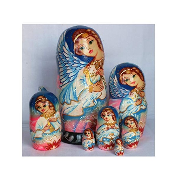 Poupée Russe Matryoshka Poupée en Bois Faite À La Main Poupées Gigognes Sept Couches De Peinture Harpe Ange Enfant Petite Ami