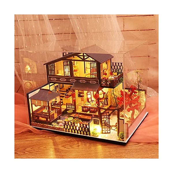 Maison de Poupée avec Meubles - Maison de Poupées en Bois avec Boîte à Musique et Anti-Poussière - Maison Miniature à Constru