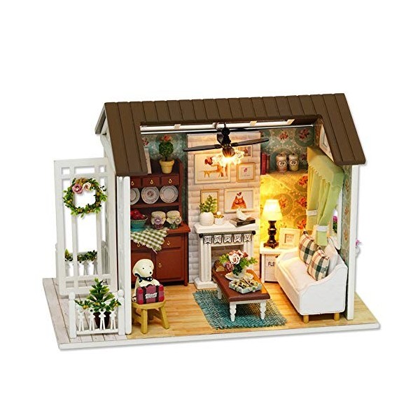 Heqianqian Kits de Maison Kit de Bricolage Miniature Maison de poupée Fait Main avec Cuisine Meubles de Salon avec Cadeau Fil