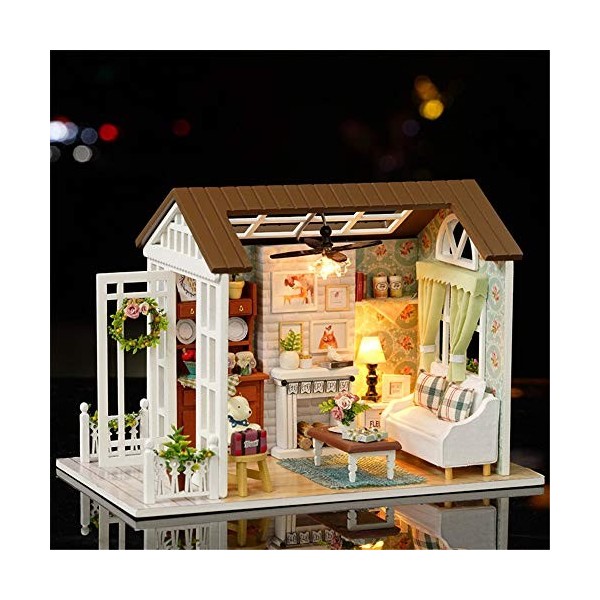 Heqianqian Kits de Maison Kit de Bricolage Miniature Maison de poupée Fait Main avec Cuisine Meubles de Salon avec Cadeau Fil