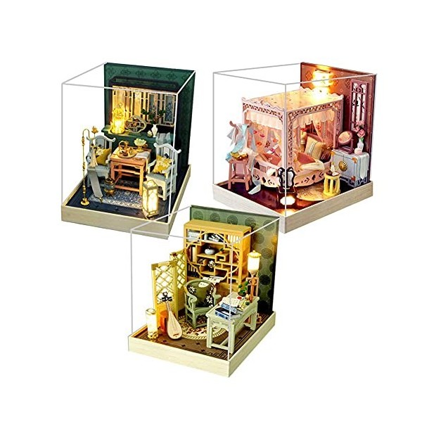 DIY Dollhouse Kit avec Anti-Poussière 3 Pcs Chinois Ancien Style Chambre Créative Miniature Poupées Maison Meubles LED Lumièr