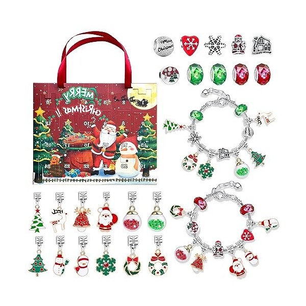 Pilikoll Calendrier de lAvent 2023 Enfant Fille DIY Calendrier de Noël Charms Bracelet Kit 22 Breloques et 2 Bracelets Noël 