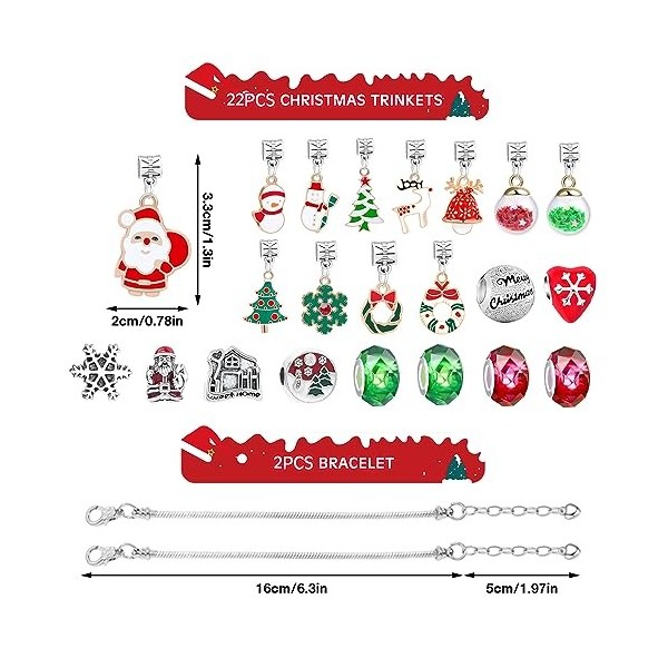 Pilikoll Calendrier de lAvent 2023 Enfant Fille DIY Calendrier de Noël Charms Bracelet Kit 22 Breloques et 2 Bracelets Noël 